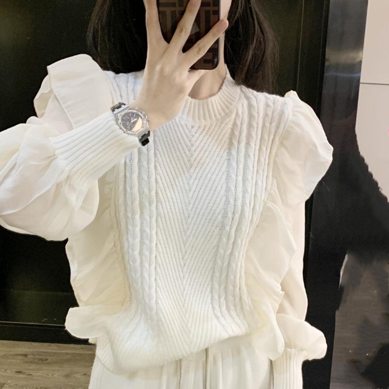 Bubble sleeves ruffle edge splicing design sense sweater spring and autumn loose top knitted sweater femininity gentle wind