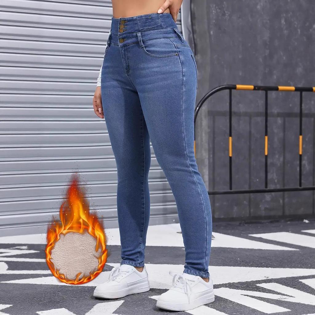 Women's Mid Rise Skinny Jeans Slim Fit Private Noble Fleece Lined Winter Women Denim Trousers