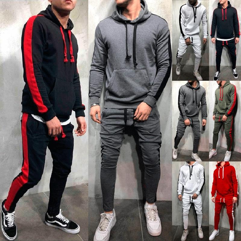 Mens Running Tracksuit Set With Hooded Jacket And Adjustable Waistline Pants For Activewear
