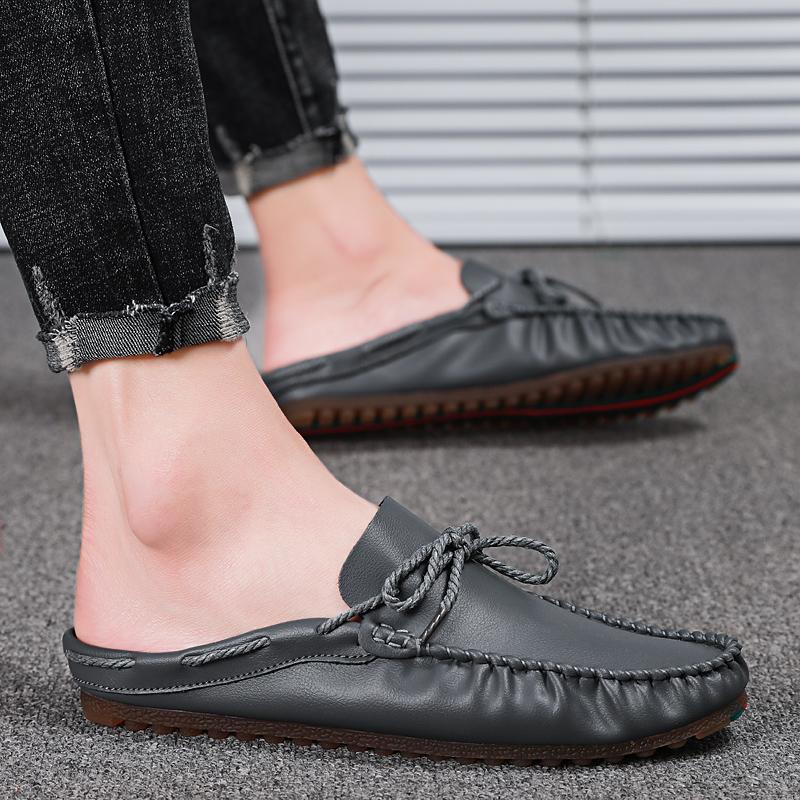 2025 Summer Half Shoes For Men Mules Man Slides Bowknot Slip On Flats Men Driving Shoes Leather Semi-Drag Loafers Slippers
