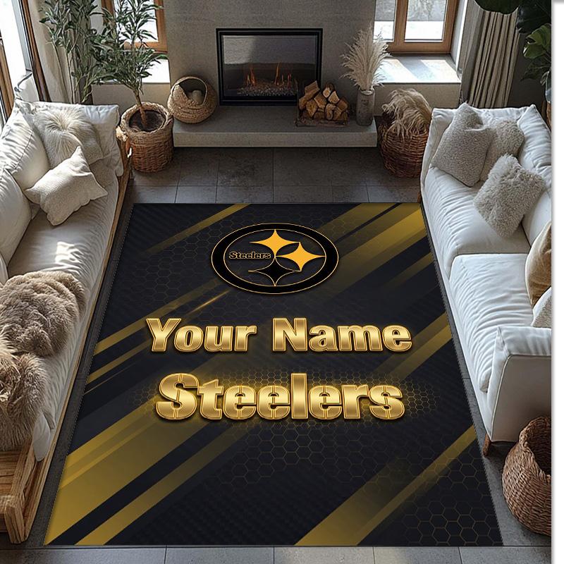 Pittsburgh Steelers Crystal Velvet Rug, Custom Name Text Personalized Non‑Slip Floor Mat for Home Decor Gift