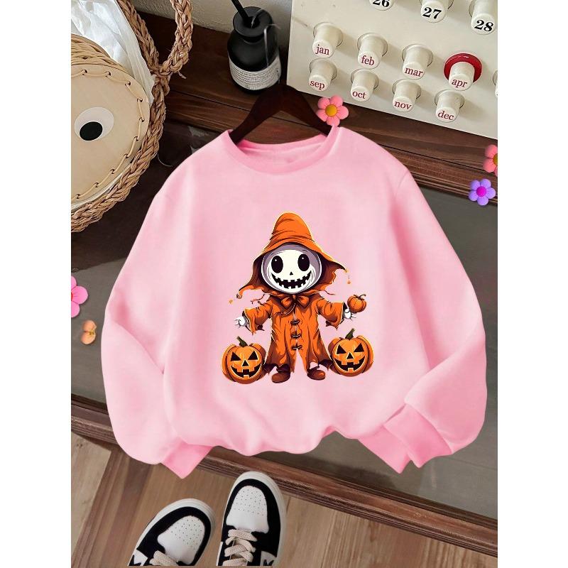 Kids Crewneck Sweatshirt, Halloween Cute Pumpkin Figure Print, Casual Tops for Fall & Winter
