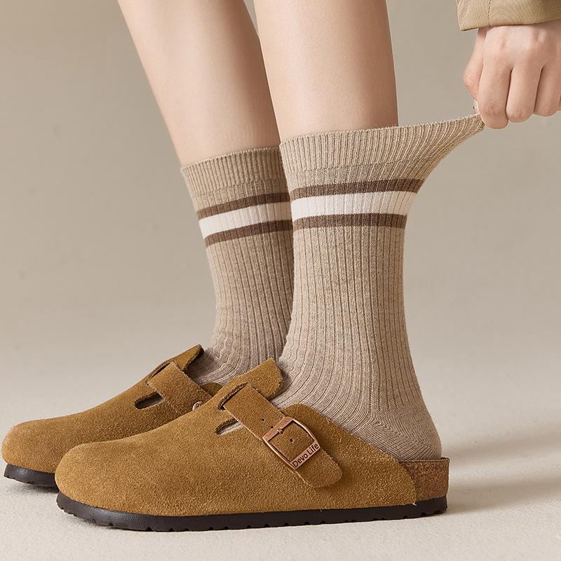 Socks Double Needle Boneless Medium Tube Socks Season Warm Wool Socks Retro Striped Versatile Pile Socks Women'S