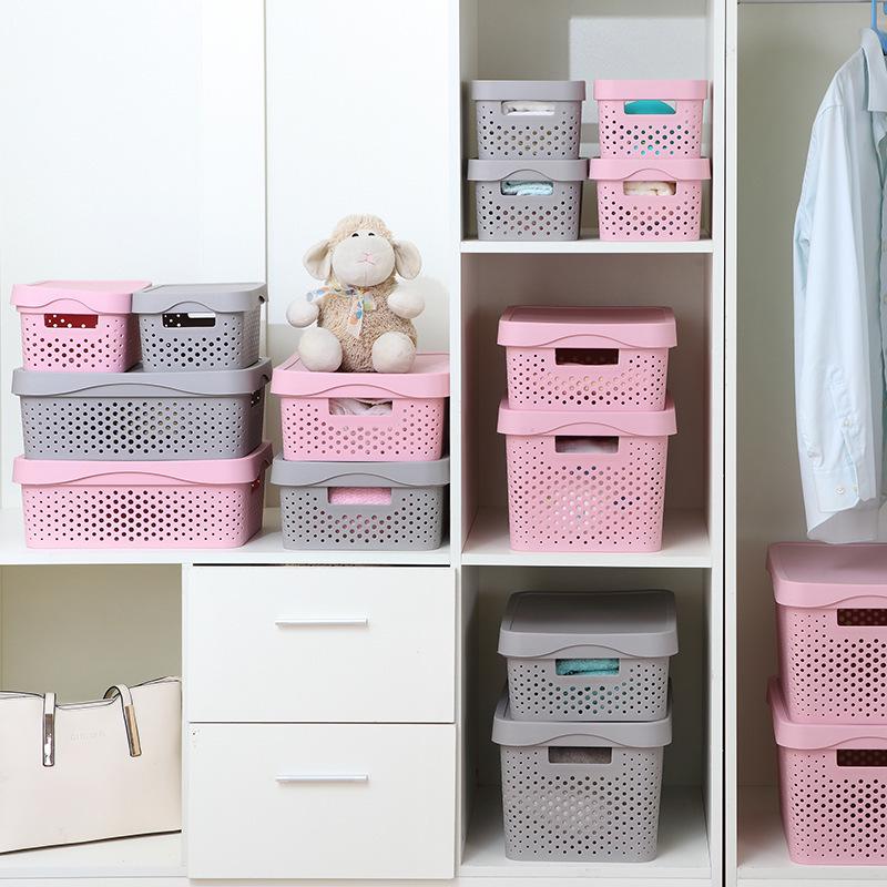 Hollow Plastic Storage Basket with Lid - Desktop Organizer & Wardrobe Bin