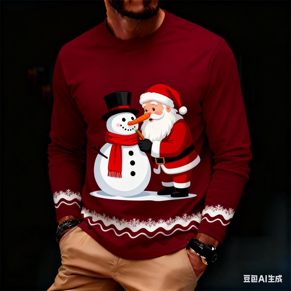Fashionable Harajuku-style Christmas men's long-sleeve T-shirt, autumn casual round-neck loose top, fun Santa Claus design