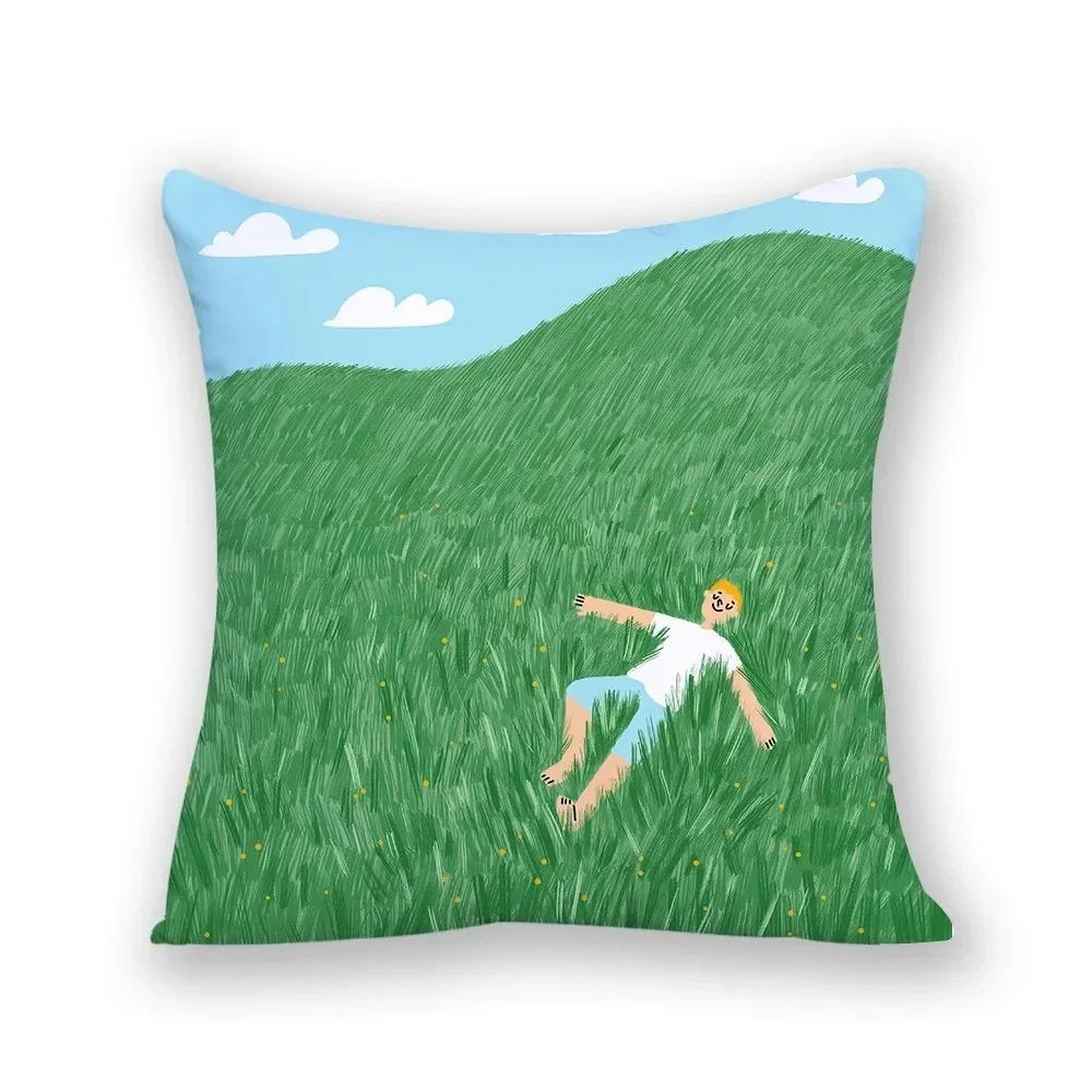 Cartoon Night Scene Sky Grass Print Pillowcase Landscape Home Decor Square Abstract Cushion Cover