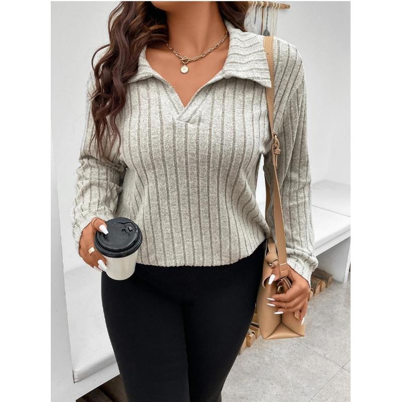 Autumn Winter Solid Color Plus Size Women's Top V-neck Long Sleeved Pit Stripe Brushed T-shirt Loose Fit