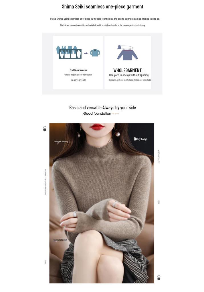 Women's Pure Wool Long Sleeve Pullover Sweater with Half-High Neck - Solid Color, Base Layer for Autumn and Winter