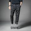 Men's Black Mid-Waist Striped Stretch Trousers with Velvet - Casual Autumn/Winter Loose Fit Jeans for Teens