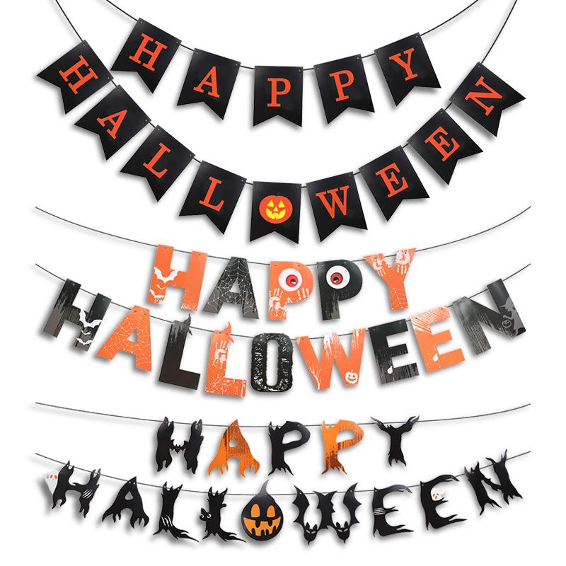 Black Bat Happy Halloween Paper Banner Hanging Garland 2025 Halloween Party Home Decoration Supplies Pumpkin Ghost Flag Props