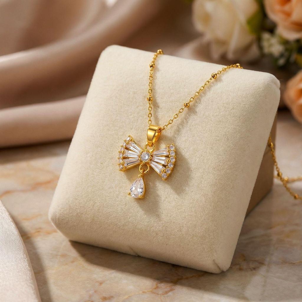 Super Sparkle Zirconia Bow Pendant Necklace, 18K Colorfast Elegant Fashion Jewelry