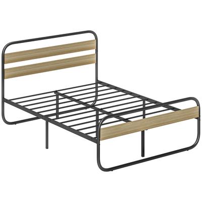 Double Bed 140 X 190 Cm, Industrial Style Steel Bed Frame, Headboard and Bed Base Included, Wood Effect