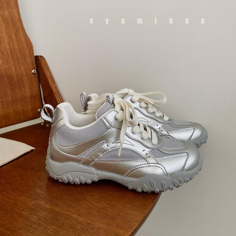 Leather women's new mesh breathable color matching casual shoes fashionable non-slip lightweight lace-up