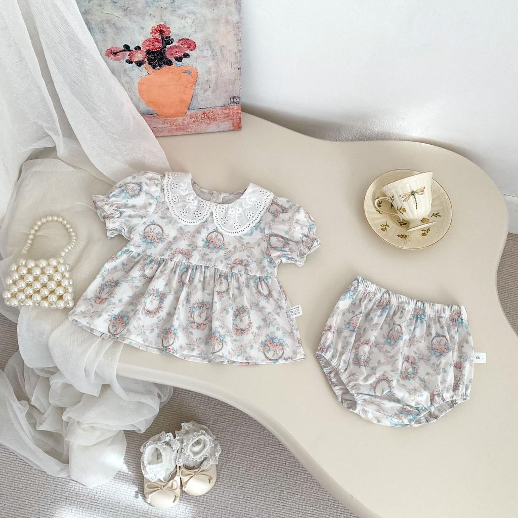 Summer Girls Bunny Print Short Sleeve Ruffled Collar Top and Shorts Set