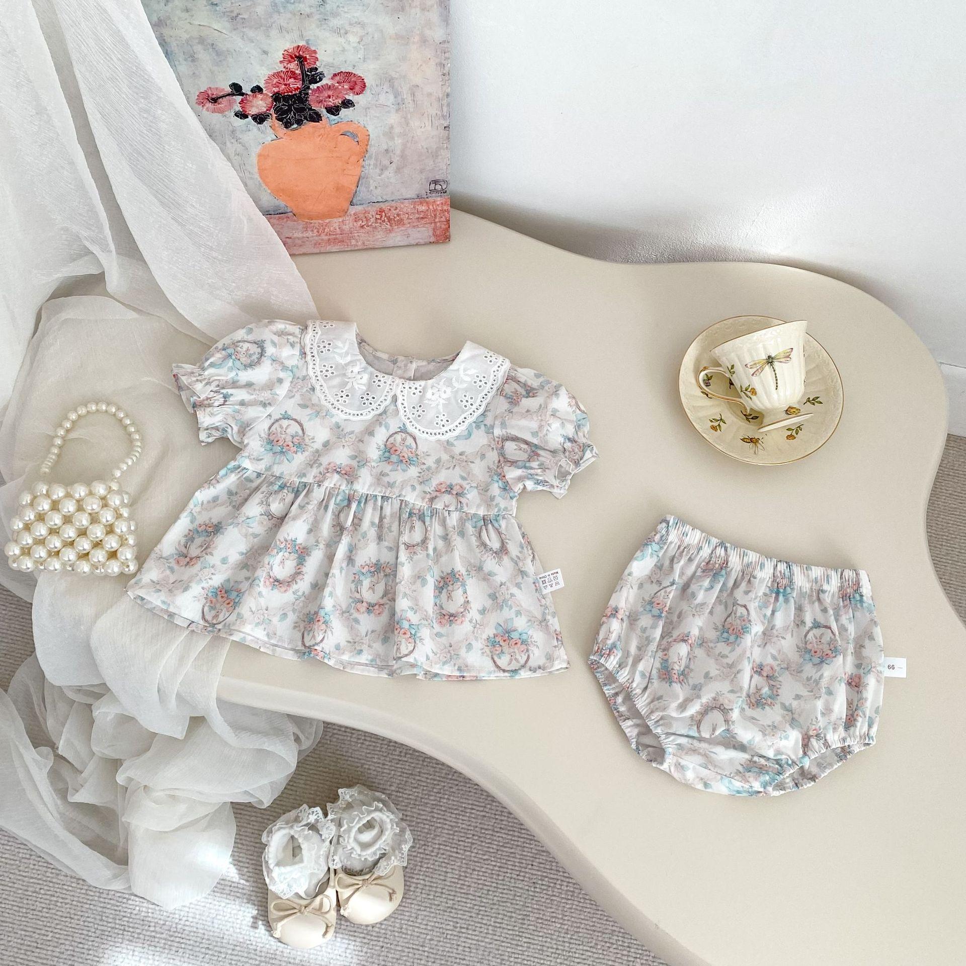 Summer Girls Bunny Print Short Sleeve Ruffled Collar Top and Shorts Set 73