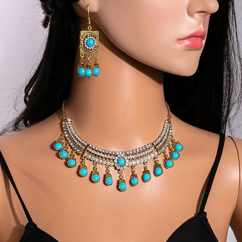 Vintage Exaggerated Rhinestone Necklace, Dinner Dress Geometric Square Jewelry Set With Diamond Water Drop Earrings For Women