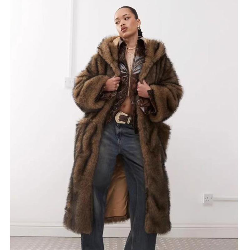 

New women s fur coat winter warm imitation fox fur coat young wolf fur hooded trench coat XS
