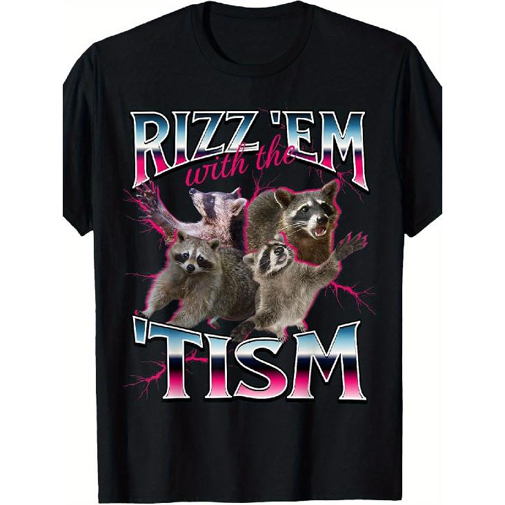 Maglietta Grafica Divertente sull'Autismo Rizz Em with The Tism Meme Procione Autistico Moda Britannica, Cotone Morbido Unisex, T-shirt, Abbigliamento Casual Conveniente,