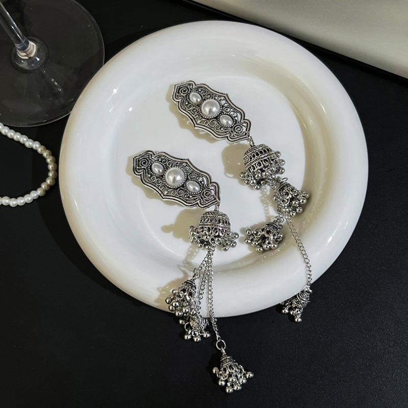 2pcs etro Ethnic Style Alloy Tassel Hair Clip Elegant Imitation Pearl Bang Side Clip Matching Accessorie Daily Party Photography
