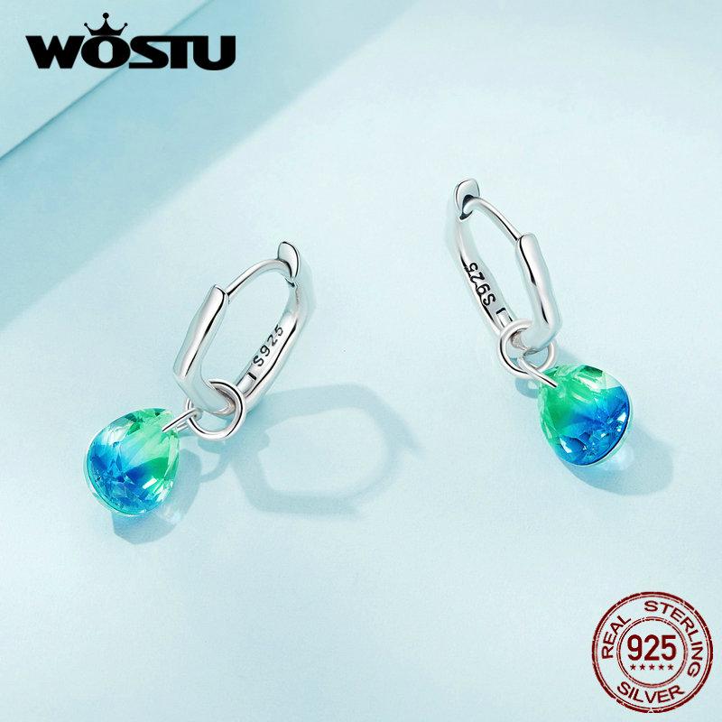 WOSTU 925 Sterling Silver Teardrop Dangle Drop Earrings For Women Water Drop Rainbow Crystal Hoops Pendientes For Women