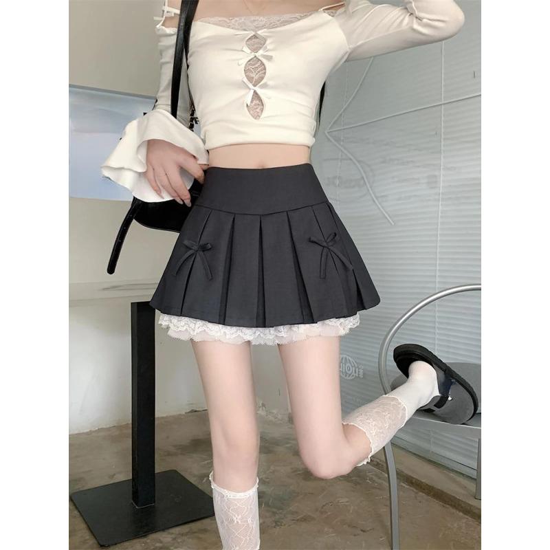 2024 New Women's Spring/Summer Cute Spliced Lace Edge Mini Skirt Sexy Bow Design Casual Y2K All Match A-line Black Pleated Skirt