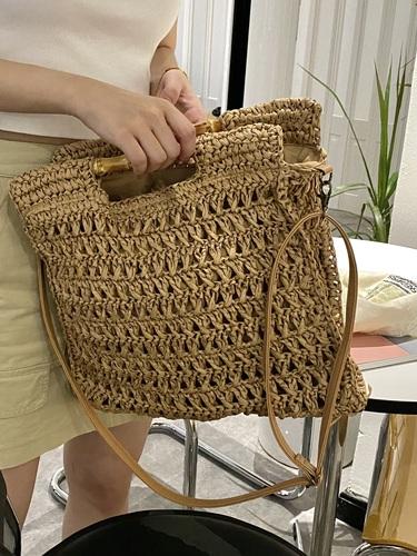 Bambusgriff Stroh Handtasche Handgefertigt Gewebte Strandtaschen für Damen Papierseil Stricken Rattan Tasche Quadratische Schultertasche Umhängetasche