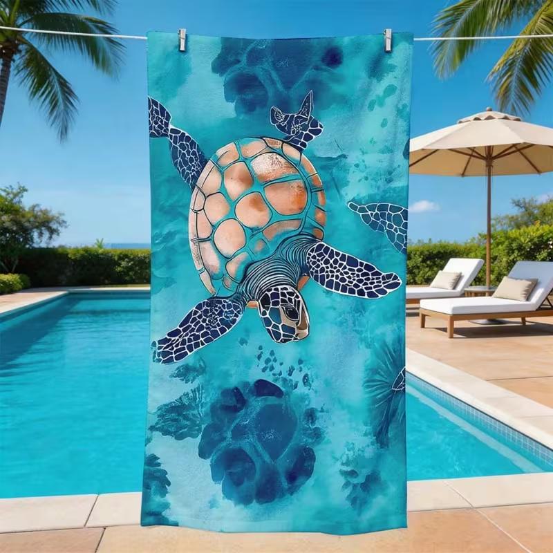 Waterverf Groenblauwe Zeeschildpad Koraalprint Strandlaken Zacht Sneldrogend Zandvrij Groot Handdoek Mariene Kunst Zomer Strand Reizen