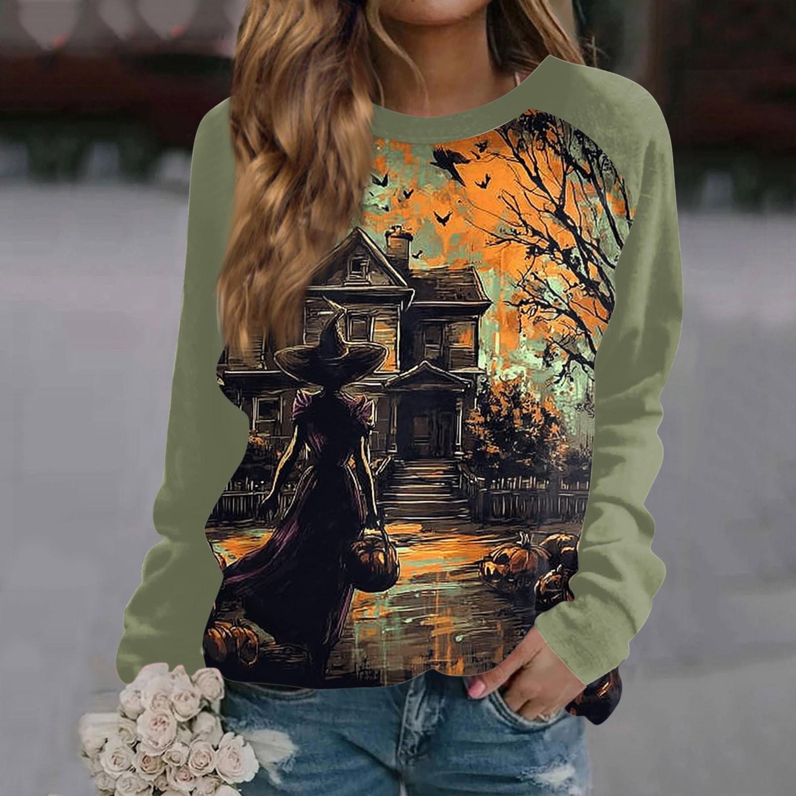 

Женская мода повседневная длинная рукава Хэллоуин принтованный круглый вырез свитер Топ L