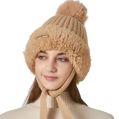 Winter Plus Velvet Thick Fur Collar Tie Wind and Snow Knitted Hat Women's Outdoor Warm Wool Hat