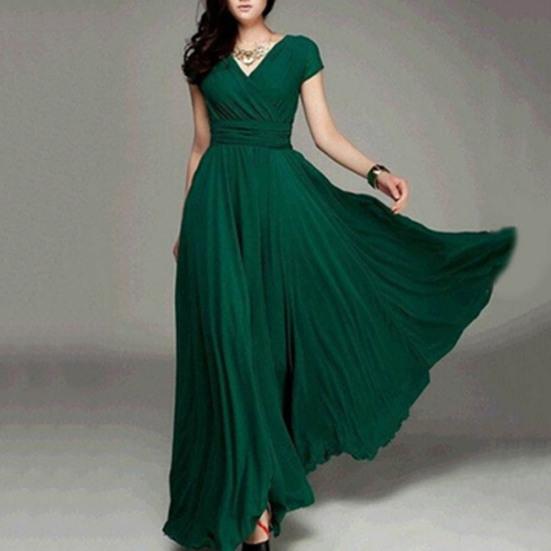 Plus Size Solid Color Women Party Suknia V Neck Krótki rękaw Slim Fit Maxi Dress