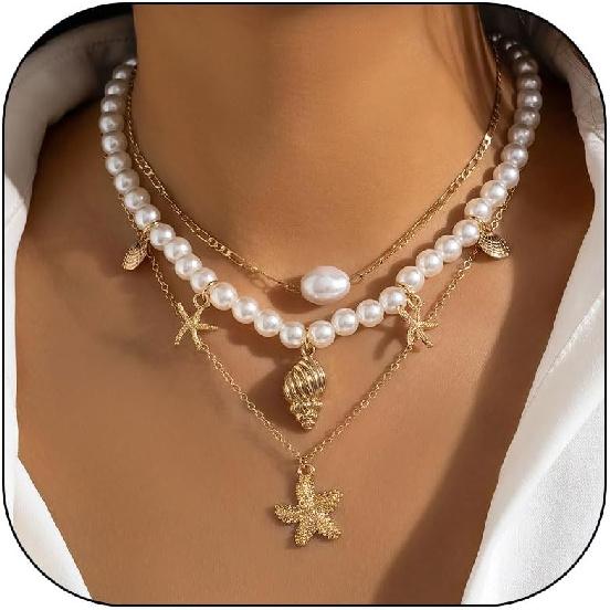 YANCHUN Shell Necklace Beach Jewelry for Women Sea Shell Necklace Layered Gold Shell Charm Necklaces Summer Outfits for Women Beach Fashion