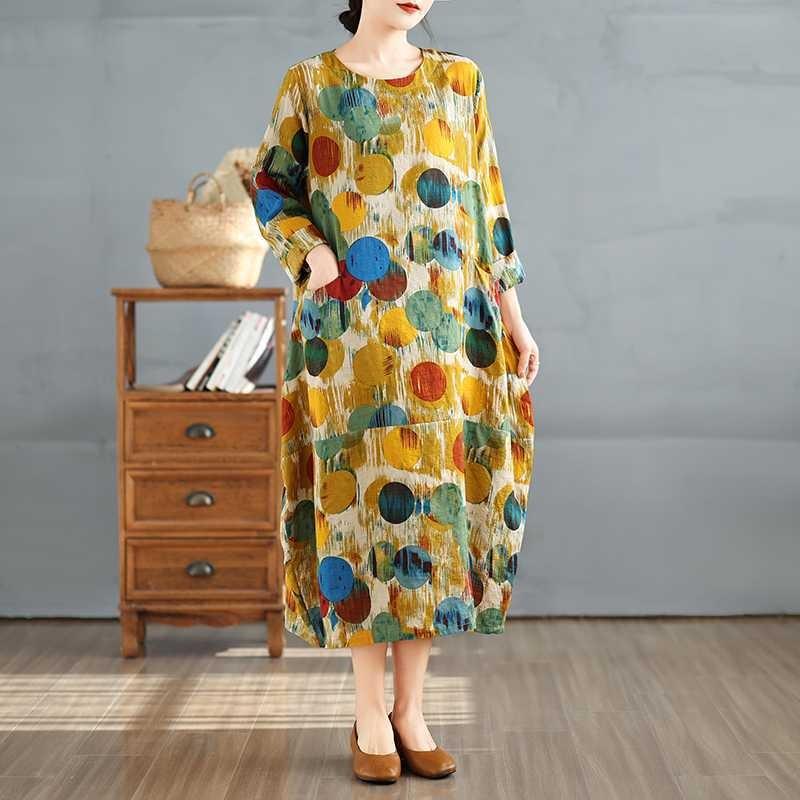 New Vintage Printed Round Neck Long Sleeve Plus Size Long Dresses