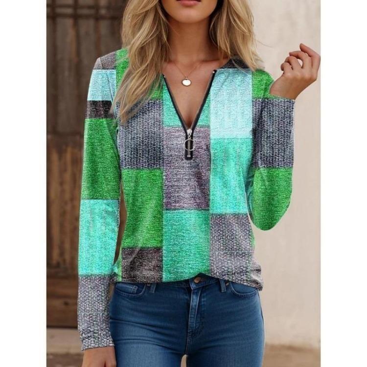 Fashion Women Casual Loose V Neck Printed Zip Pullover Blouse Long Sleeve Top