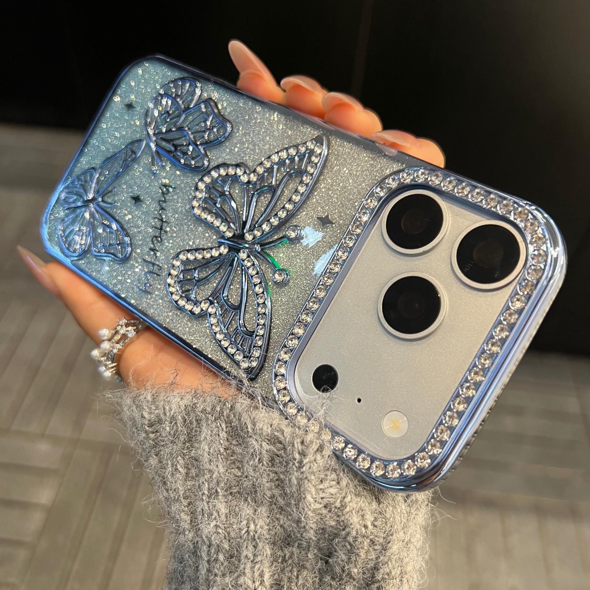 

iPhone 17 Pro Max Electroplated Rhinestone 3D Butterfly Glitter Anti-Fall Case iPhone 12 Pro синий