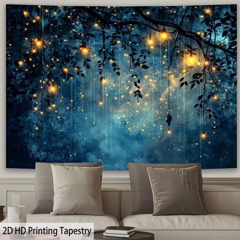 2D Starry Night Tree Tapestry, Magical Blue Background with Hanging Lights for Bedroom