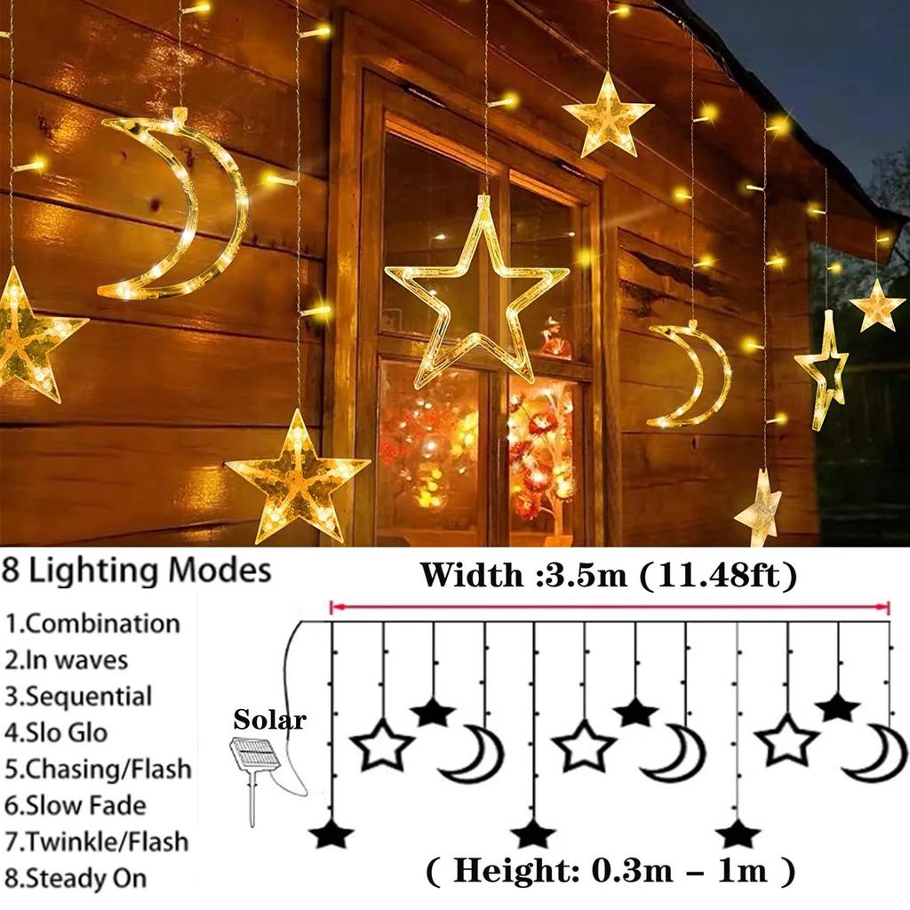 Moon Star Lamp LED Solar Fairy Curtain Light Outdoor 8-Mode Waterproof Remote Control for Porch Window Backyard Tent Decor