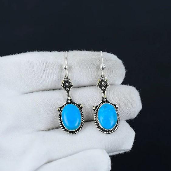 Boucle d’oreille turquoise, boucle d’oreille en argent sterling 925, boucle d’oreille faite à la main, boucle d’oreille ovale bleu turquoise, cadeau pour mère, boucle d’oreille en pierre précieuse