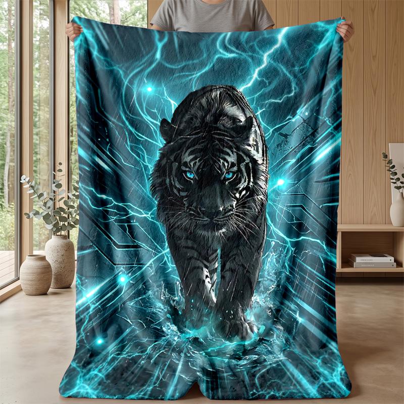Energetic Blue Tiger Artwork Theme Blanket Lightweight Warm Flannel Blanket Decorative Throw Blanket for Home Decoration