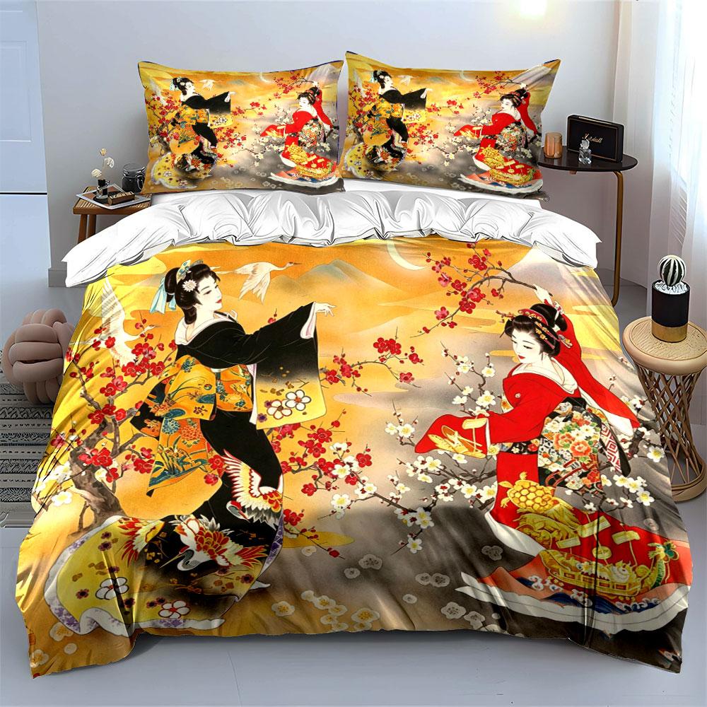 Vintage Japanese Two Geisha Crane Plum Blossom Bedding Set 3pcs Classic Ukiyo-e Mountain Print 1 Duvet Cover And 2 Pillowcase