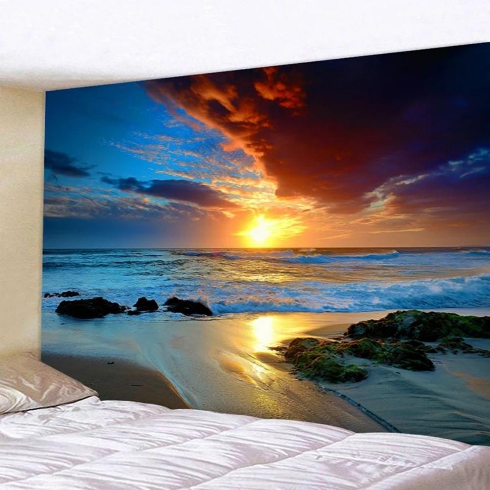 VIKAMA Coastal Landscape Print Tapestry Bedroom Headboard Living Room Study Home Wall Hanging Decor Machine Washable Durable