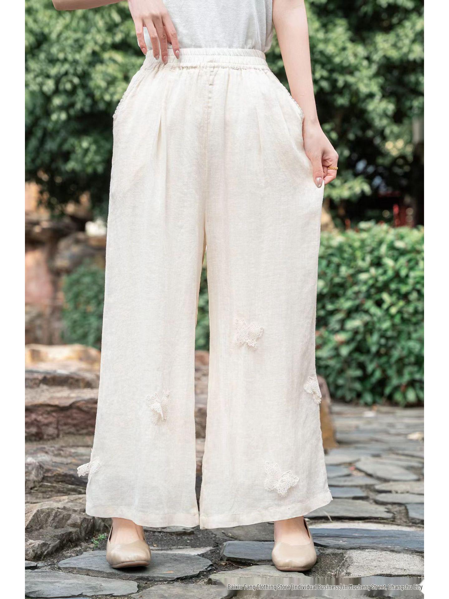 Artistic Retro High-Waisted Embroidered Ramie Pants - Spring 2026 Women s Casual Loose Straight-Leg Style. One size