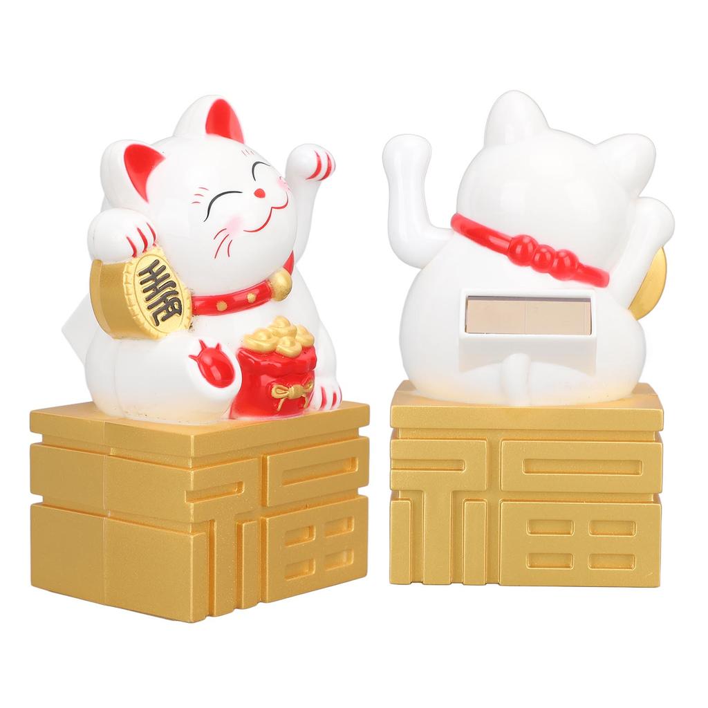 Lucky Cat Statue Waving Arm Solar Powered Fortune Beckoning Chinese Feng Shui Desktop Decor 4in White