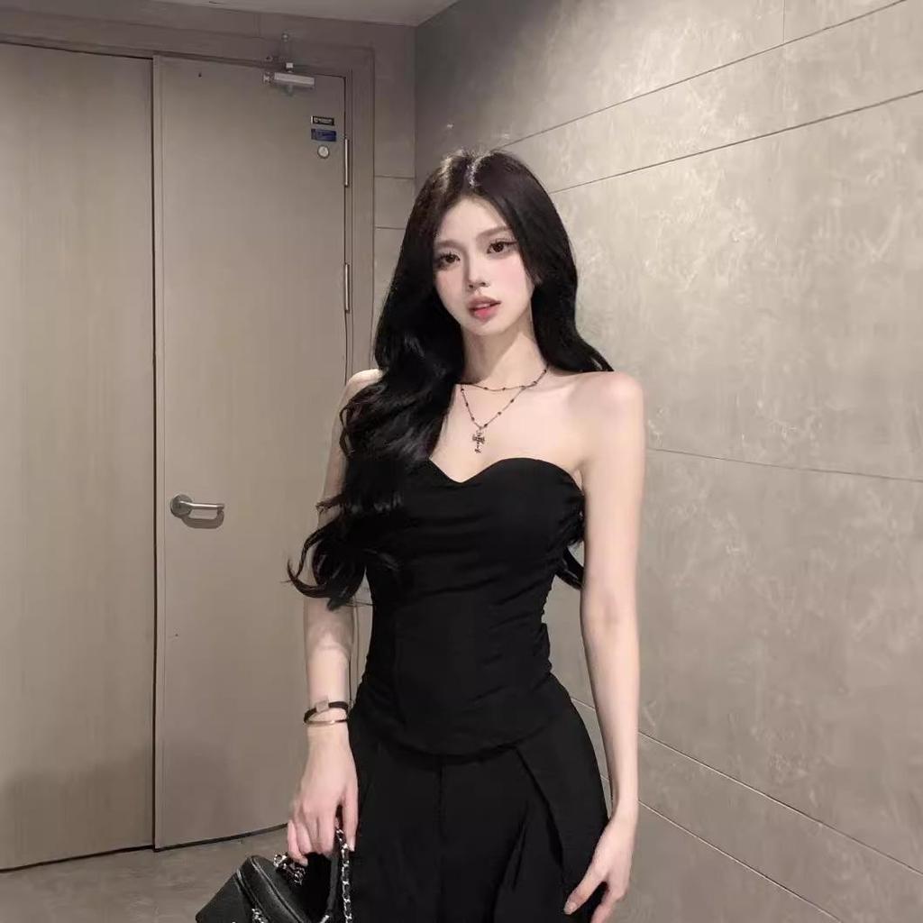 Elegant Black Fishbone Bandeau Top: Women's Summer Slimming Three-Dimensional Wrap Chest Vest