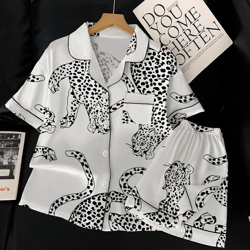 Light Luxury Summer Cool Leopard Ice Silk Pajamas Women S Satin Cool Loungewear Short-Sleeved Suit Summer M