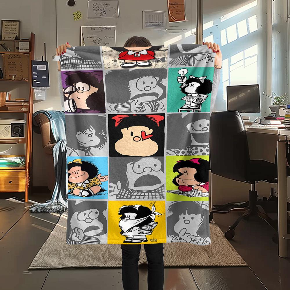 1Pc Mafalda Print Flannel Blanket, High quality Comfortable for All Seasons, Home Decor, Warmth and Comfort, Perfect for Gifts