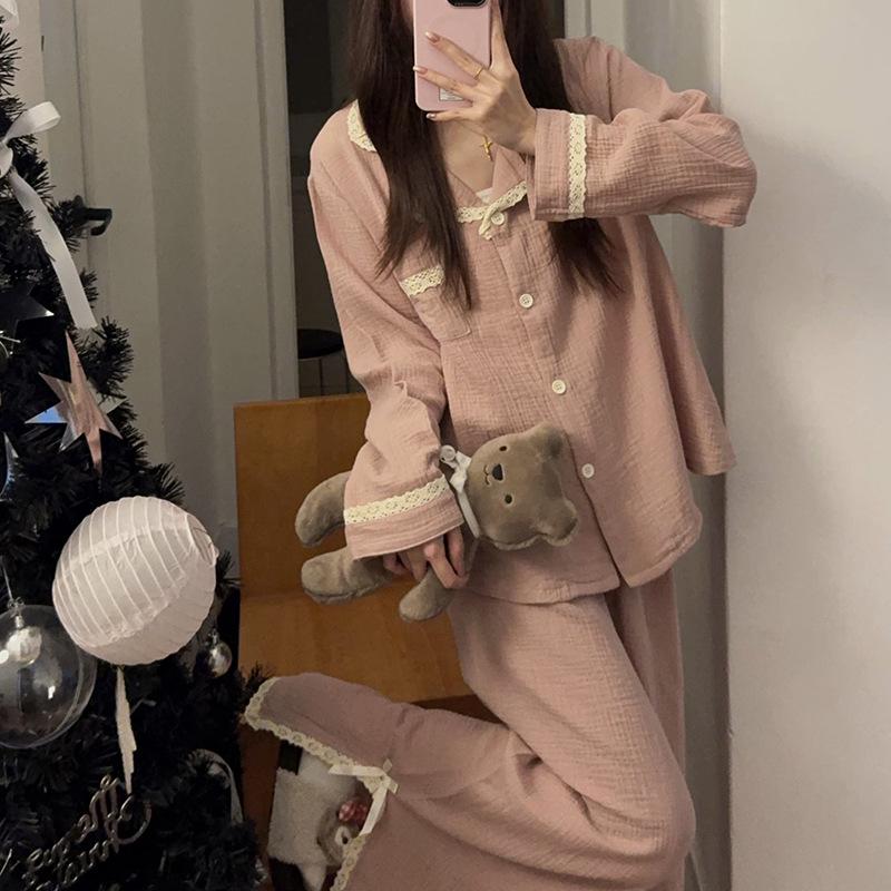 Korean Style Lace Trim Sweet Women's Lapel Pajamas - Casual & Comfortable Home Wear