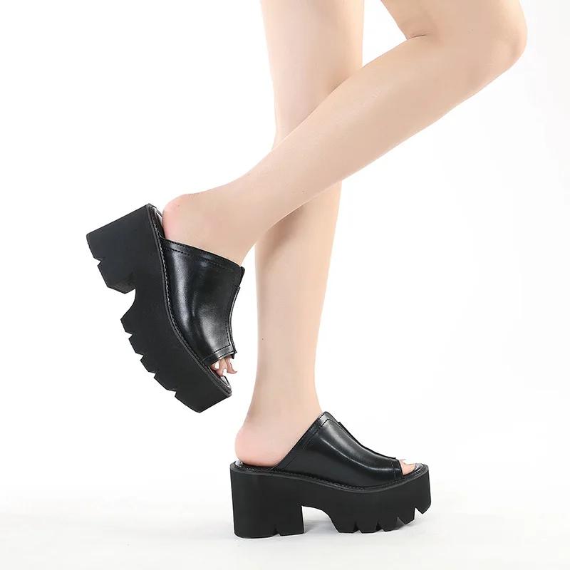 Fashion Big Size 43 Open Head Block Heel Chunky Platform Slippers Women Summer Shoes Mules Slingback Muffin Bottom Black Leather