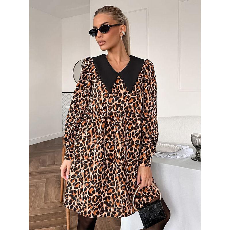 Fashion Leopard Print Print Dress Retro Street Long Sleeve Short Dress Sexy Waist Trimming Sexy Wind