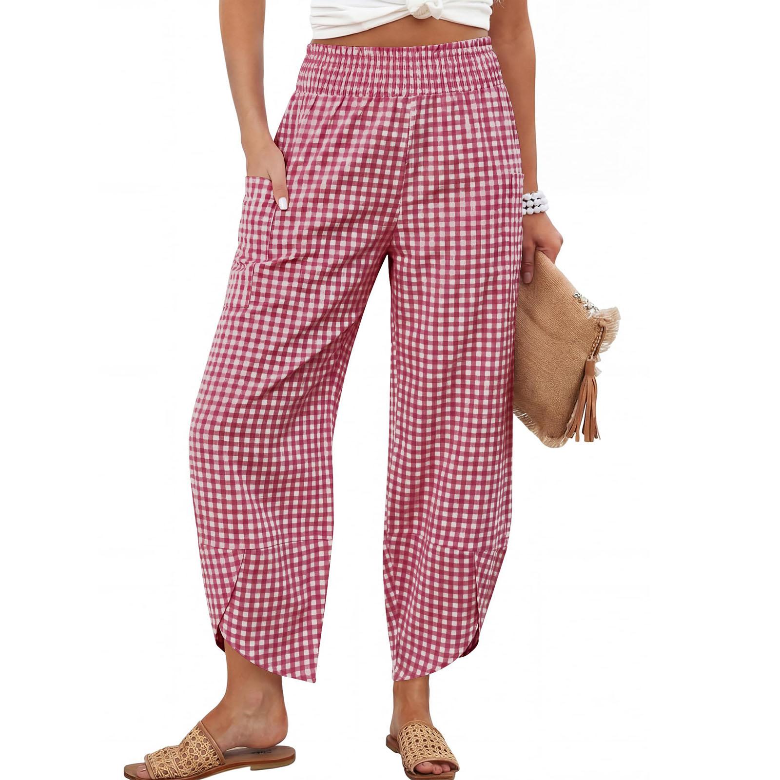 

Women’s Plaid Wide Leg Pants with Pockets Elastic Waist Casual Loose Fit Lightweight Trousers for Daily Wear L
