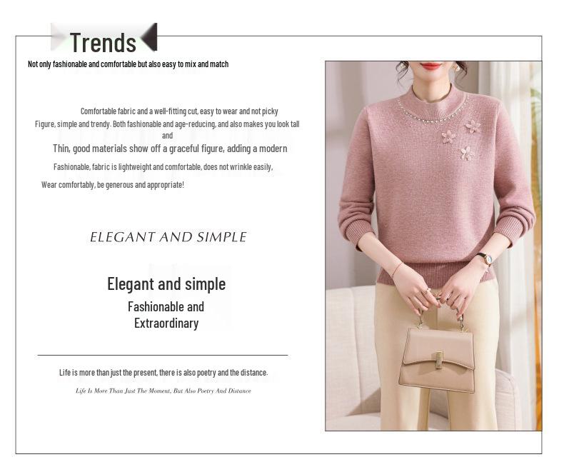 Mom's Winter Knit Sweater with Velvet Lining, Perfect for Middle-Aged & Elderly Women, Cozy 60+ Base Layer Top